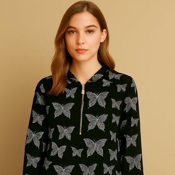 Nextmia Chiffon Butterfly Embroidered black/wht Lined flowy Whimsy blouse Size14 - Picture 2 of 8